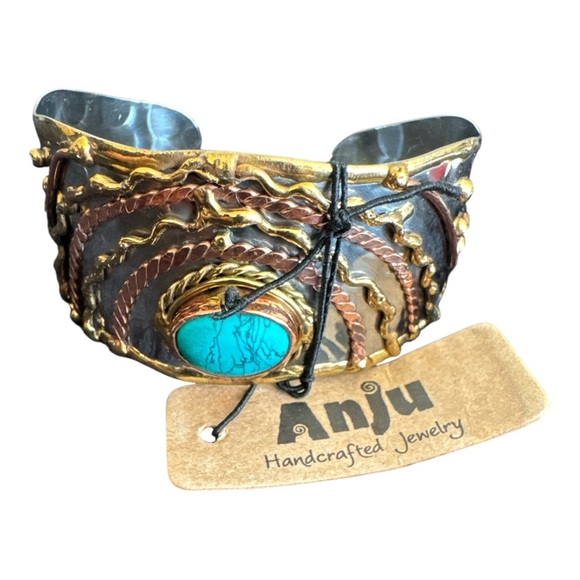 Mixed Metal Cuff Bracelet Adjustable Turquoise Stone Anju Janya Collection NEW - Picture 2 of 3